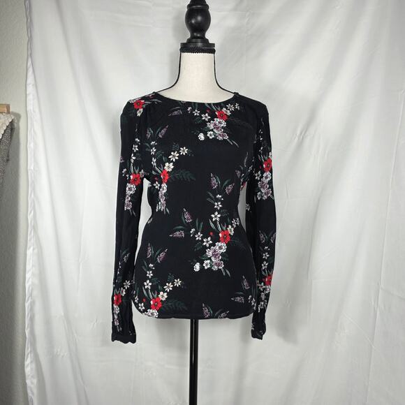 H&M Floral Blouse Women 2 Black Long Sleeve Cottage Minimalist Casual Keyhole - Picture 2 of 11